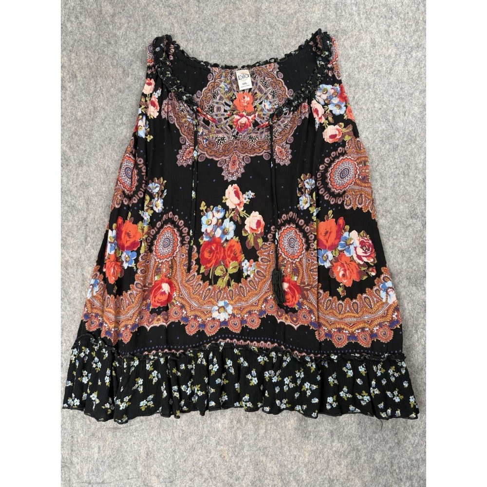 Bila Black Floral Gauze Peasant Swing Top XXL Women Boho Loose Flowy Red Blue